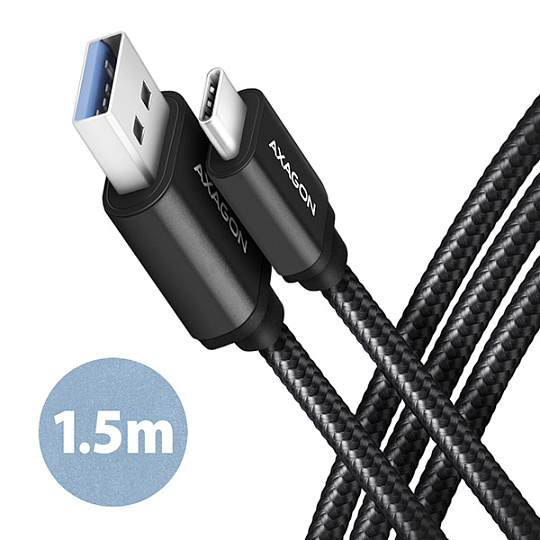 AXAGON BUCM3-AM15AB, SPEED kabel USB-C  USB-A, 1.5m, USB 3.2 Gen 1, 3A, ALU, oplet, černý