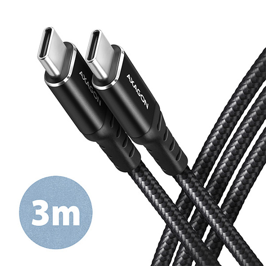 AXAGON BUCM-CM30AB, HQ kabel USB-C  USB-C, 3m, USB 2.0, PD 60W 3A, ALU, oplet, černý