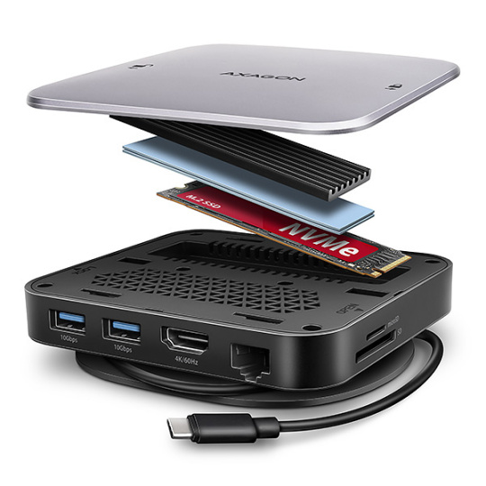 AXAGON HMC-UFO, USB 10Gbps hub, 2x USB-A, USB-C, HDMI 4k/60, RJ-45, M.2 slot, SD/mSD, audio, PD 100W, kabel USB-C 65cm