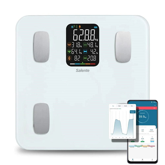 Salente MaxFit, chytrá osobní diagnostická fitness váha, Bluetooth, bílá Salente MaxFit, chytrá osobní diagnostická fitness váha, Bluetooth, bílá