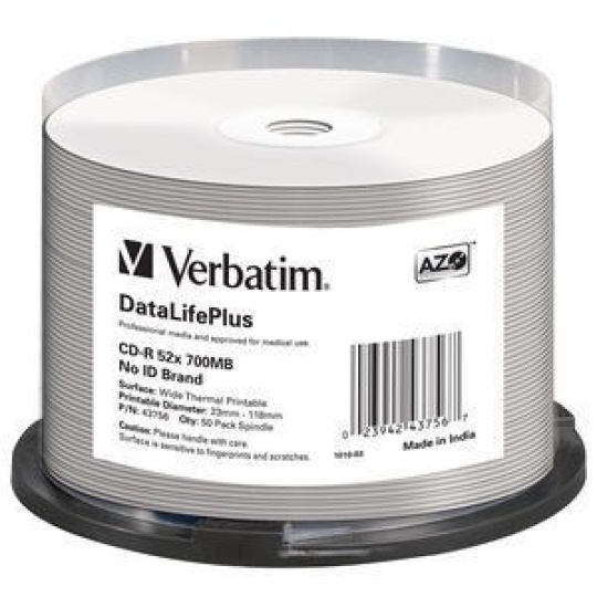 VERBATIM CD-R(50-pack) spindl, AZO 52X,700MB,WHITE WIDE THERMAL PRINTABLE SURFACE NON-ID VERBATIM CD-R(50-pack) spindl, AZO 52X,700MB,WHITE WIDE THERMAL PRINTABLE SURFACE NON-ID