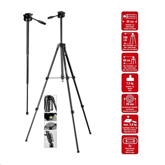 BAZAR - Braun stativ LW 168S (62-168cm, 1500 g, 3-směrná hlava, max.5kg, monopod) - POŠKOZENÝ OBAL BAZAR - Braun stativ LW 168S (62-168cm, 1500 g, 3-směrná hlava, max.5kg, monopod) - POŠKOZENÝ OBAL