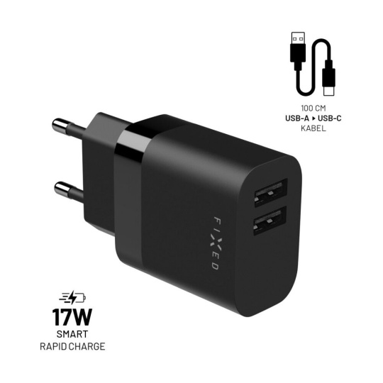 FIXED nabíječka s USB-A/USB-C kabelem, 1 m, 17W, černá