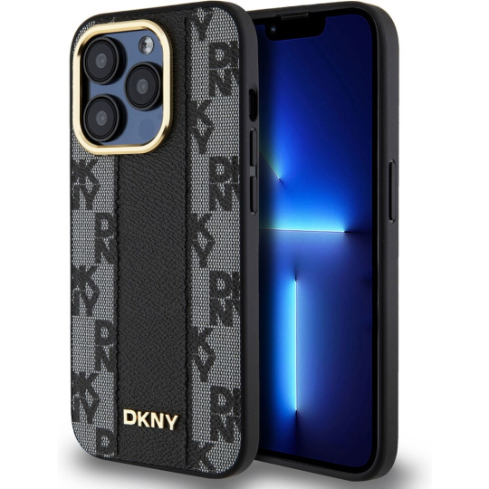 DKNY PU Leather Checkered Pattern Magsafe kryt iPhone 15 Pro černý
