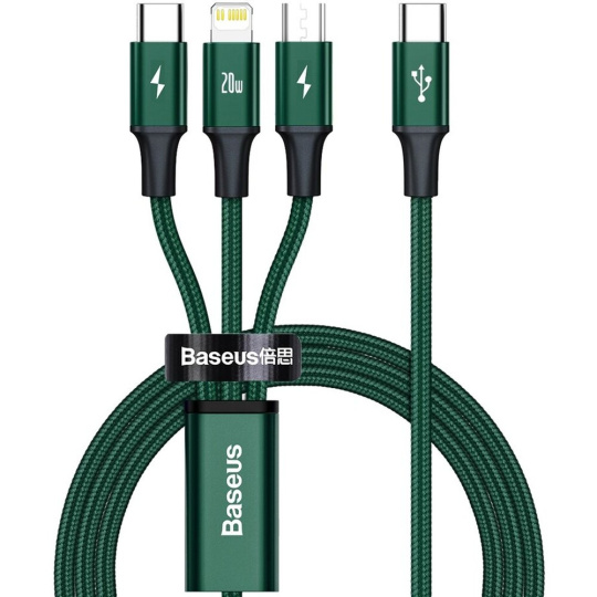 Baseus Datový kabel Rapid 3v1 USB-C/microUSB, Lightning, USB-C 1,5m PD 20W zelený Baseus Datový kabel Rapid 3v1 USB-C/microUSB, Lightning, USB-C 1,5m PD 20W zelený