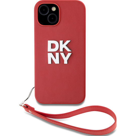 DKNY PU Leather Stack Logo Wrist Strap kryt iPhone 13 červený