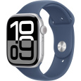 Apple Watch Series 10 Cellular 42mm Stříbrný hliník s denimovým sportovním řemínkem S/M