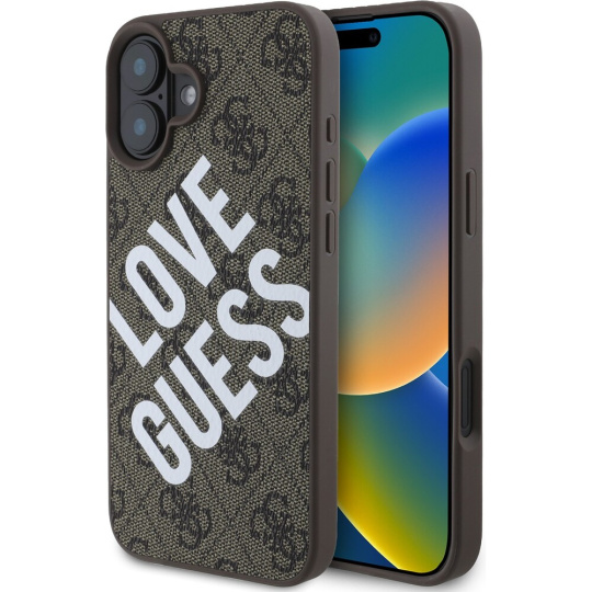 Guess PU Leather 4G Big Love Logo MagSafe kryt pro iPhone 16 hnědý