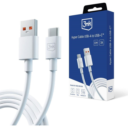 3mk Hyper Cable USB-A/USB-C datový kabel, 1,2m bílý