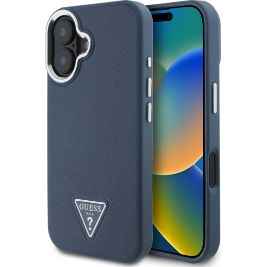 Guess PU Grained Triangle Logo kryt pro iPhone 16 modrý