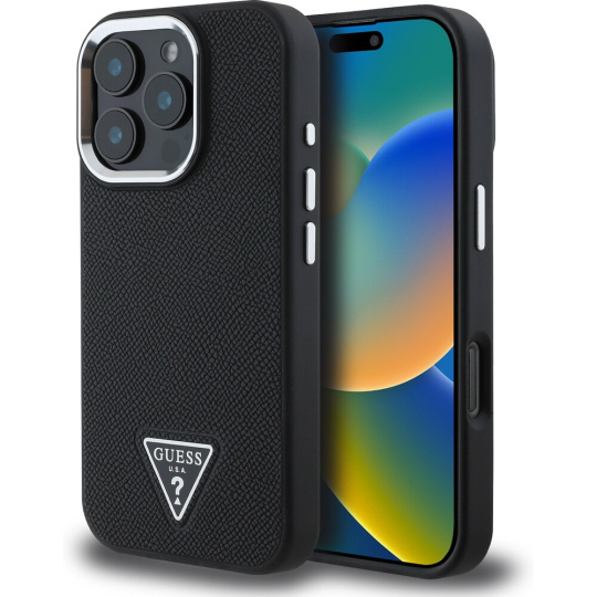 Guess PU Grained Triangle Logo kryt pro iPhone 16 Pro Max černý