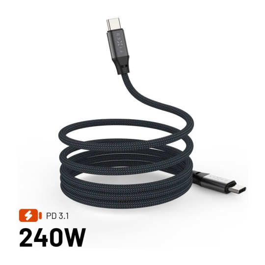 FIXED magnetický USB-C/USB-C kabel s opletením a Power Delivery, 1.2m, 240W, USB 2.0, šedý