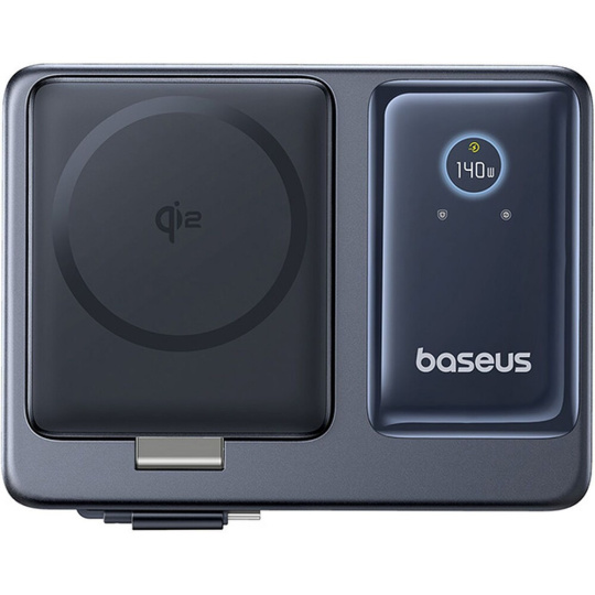 Baseus Nomos Qi2 nabíjecí stanice 140W 3xUSB-C, USB-A s výsuvným kabelem USB-C/síťový kabel 1m černá