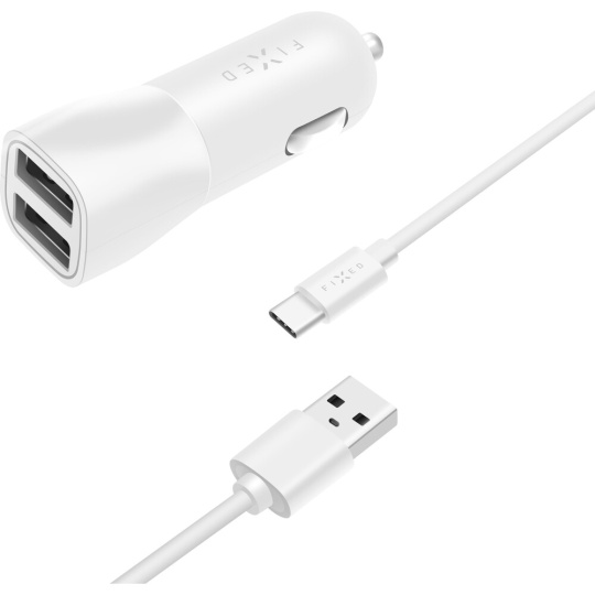 FIXED autonabíječka s 2x USB a USB/USB-C kabelem (1m), 15W, bílá