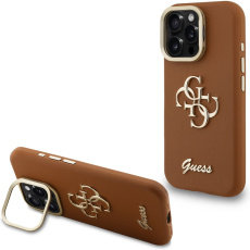 Guess PU Grained 4G Logo Stand Camera Frame kryt iPhone 16 Pro Max hnědý