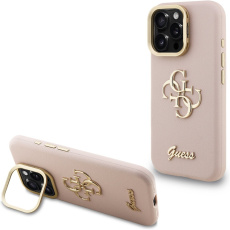 Guess PU Grained 4G Logo Stand Camera Frame kryt iPhone 16 Pro růžový