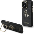 Guess PU 4G Metal Logo Stand Camera Frame kryt iPhone 16 Pro Max černý