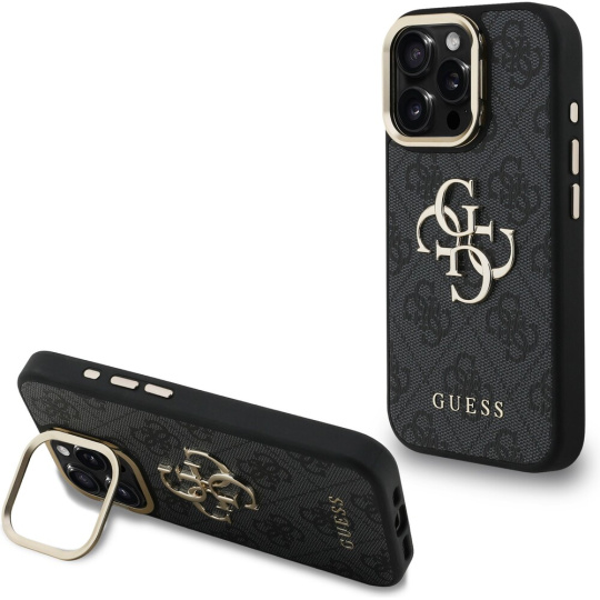 Guess PU 4G Metal Logo Stand Camera Frame kryt iPhone 16 Pro Max černý