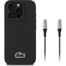 Lacoste Iconic Petit Pique Woven Logo MagSafe kryt iPhone 16 Pro černý + USB-C/USB-C kabel