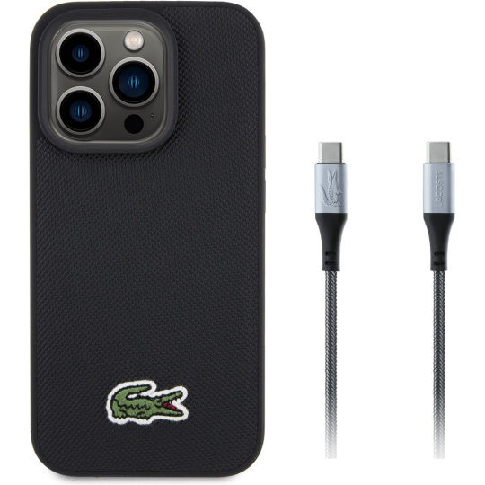 Lacoste Iconic Petit Pique Woven Logo MagSafe kryt iPhone 15 Pro černý + USB-C/USB-C kabel