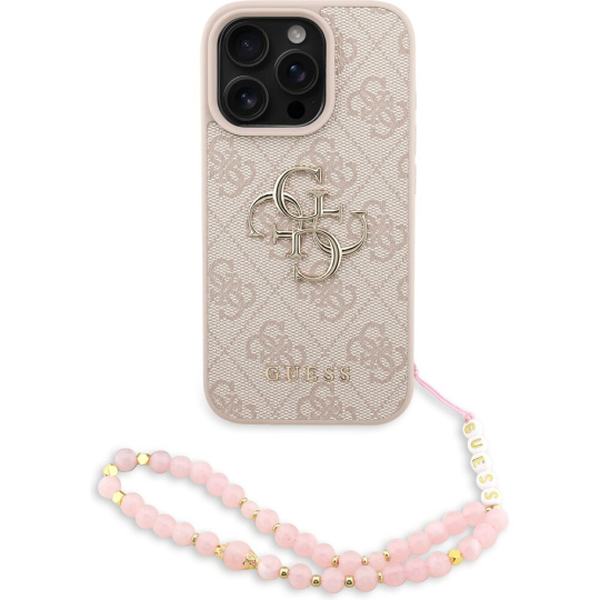 Guess PU 4G Metal Logo Strap kryt iPhone 16 Pro Max růžový