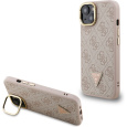 Guess PU 4G Strass Triangle Logo Stand Camera Frame MagSafe kryt iPhone 14 růžový