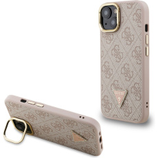 Guess PU 4G Strass Triangle Logo Stand Camera Frame MagSafe kryt iPhone 14 růžový