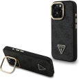 Guess PU 4G Strass Triangle Logo Stand Camera Frame MagSafe kryt iPhone 16 Pro černý