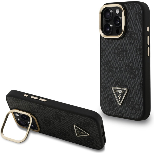 Guess PU 4G Strass Triangle Logo Stand Camera Frame MagSafe kryt iPhone 16 Pro černý