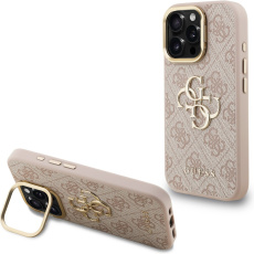 Guess PU 4G Metal Logo Stand Camera Frame kryt iPhone 16 Pro Max růžový