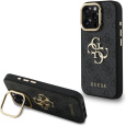Guess PU 4G Metal Logo Stand Camera Frame kryt iPhone 15 Pro černý