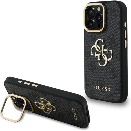 Guess PU 4G Metal Logo Stand Camera Frame kryt iPhone 15 Pro černý
