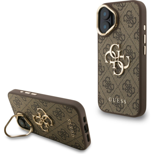 Guess PU 4G Metal Logo Stand Camera Frame kryt iPhone 16 hnědý