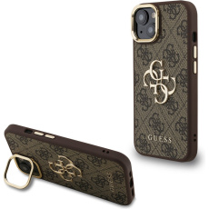 Guess PU 4G Metal Logo Stand Camera Frame kryt iPhone 14 hnědý