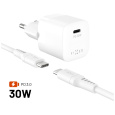 FIXED Mini Set GaN nabíječky s USB-C portem a USB-C kabelem, PD, 1,2m, 30W, bílá
