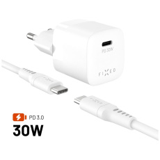 FIXED Mini Set GaN nabíječky s USB-C portem a USB-C kabelem, PD, 1,2m, 30W, bílá