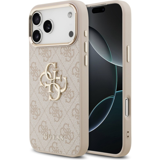 Guess PU Leather 4G Metal Logo Gold Frame MagSafe kryt iPhone 17 Pro Max růžový