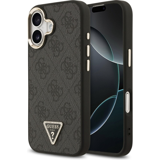 Guess PU Leather 4G Triangle Logo Gold Frame MagSafe kryt iPhone 17 černý