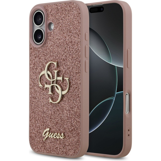 Guess PU Fixed Glitter 4G Metal Logo kryt iPhone 17 růžový