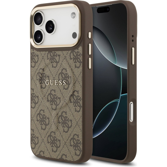 Guess PU Leather 4G Gold Frame MagSafe kryt iPhone 17 Pro Max hnědý