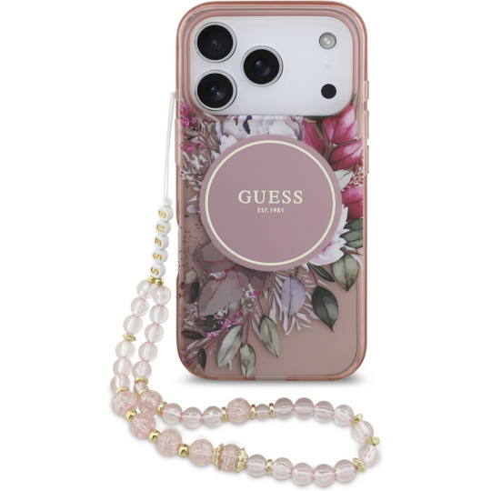 Guess IML Flowers Strap MagSafe kryt iPhone 17 Pro růžový
