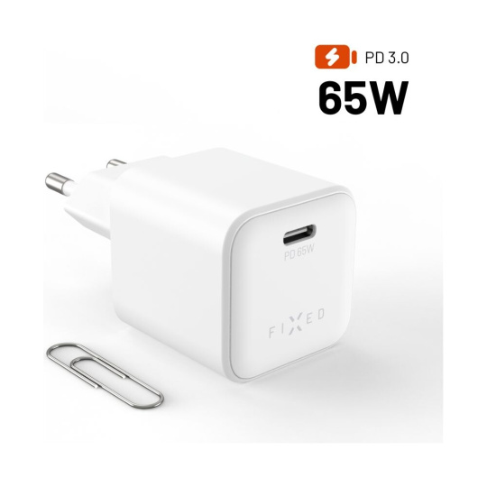 FIXED Mini GaN nabíječka s USB-C a podporou PD, 65W, bílá