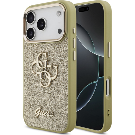 Guess PU Fixed Glitter 4G Metal Frame kryt iPhone 17 Pro zlatý