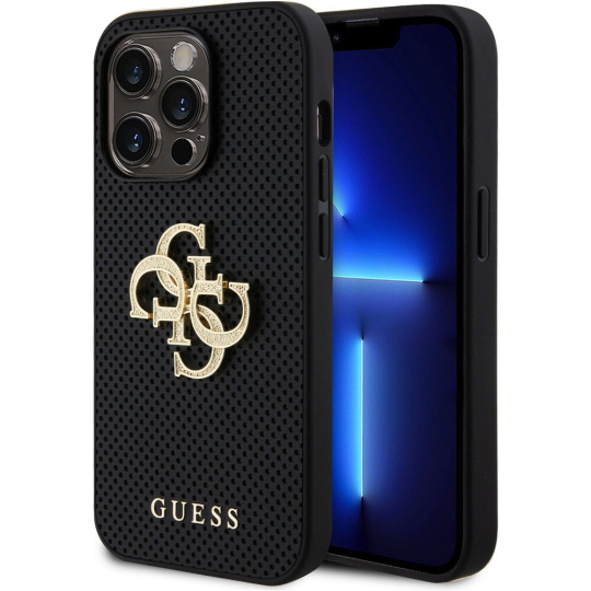 Guess PU Perforated 4G Glitter Metal Logo Kryt iPhone 14 Pro černý