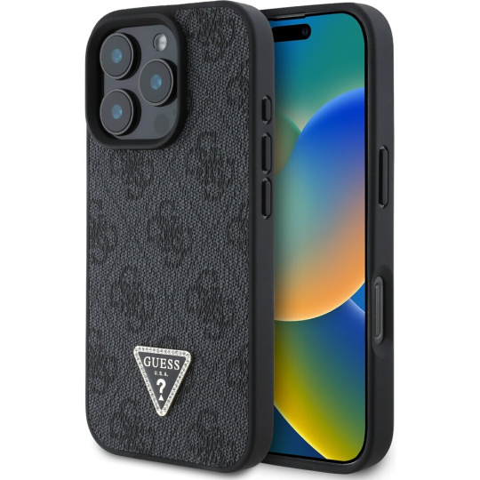 Guess PU 4G Strass Triangle Metal Logo kryt pro iPhone 16 Pro Max černý