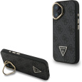 Guess PU 4G Strass Triangle Logo Stand Camera Frame MagSafe kryt iPhone 16 černý