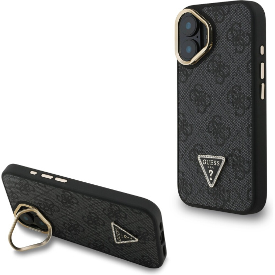 Guess PU 4G Strass Triangle Logo Stand Camera Frame MagSafe kryt iPhone 16 černý