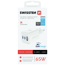 Swissten síťový adaptér GaN 2x USB-C 65W PD + 1x USB-A 18W QC bílý