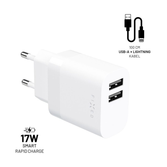 FIXED nabíječka s USB-A/Lightning kabelem, 1 m, MFi, 17W, bílá