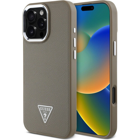 Guess PU Grained Triangle Logo kryt pro iPhone 16 Pro hnědý